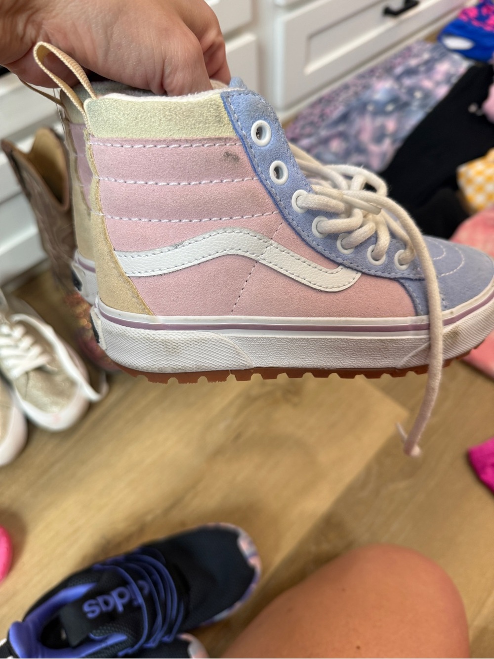 Vans Kids High-Top Suede Sneakers in Pastel Pink, Light Blue & Cream